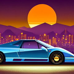 Obraz na płótnie Canvas Retro design with sports car and sunset view. Night city silhouette backgground. AI generated illustration