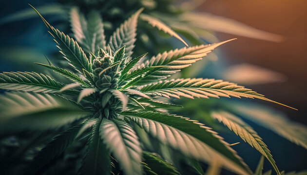 A Macro View of a Cannabis Plant Growing and Flowering with Large Leaves, Generative AI