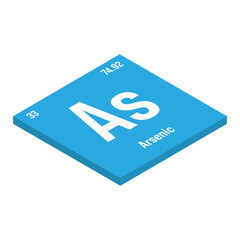Arsenic, As, periodic table element with name, symbol, atomic number and weight. Poisonous metalloid with limited industrial uses, but has been historically used in pesticides, wood preservatives, and