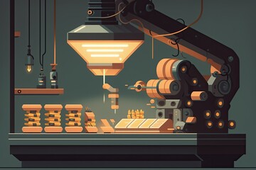 Illustration of engineering robot arm sorting machine with conveyor and factory light bulb. Manufacturing cutting edge industrial technology on a fully automated production line. Generative AI