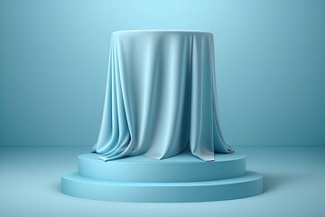 Presentation pedestal podium covered with blue silk cloth on pink background.