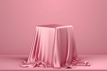 Presentation pedestal podium covered with pink silk cloth on pink background.