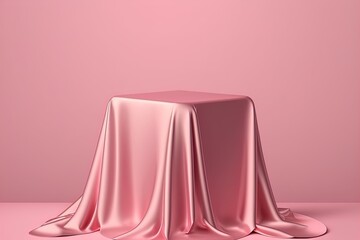 Presentation pedestal podium covered with pink silk cloth on pink background.