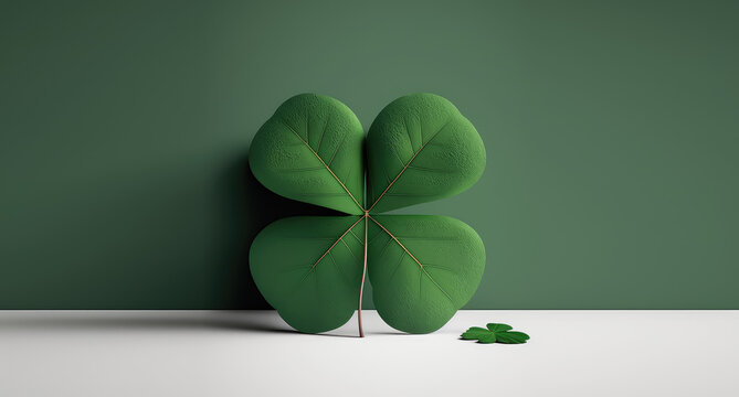 Four-leaf green clover, symbol of good luck, St. Patrick's Day idea, isolated on green wall. Creative symbol of lucky day. 3d render illustration. Generative AI art.