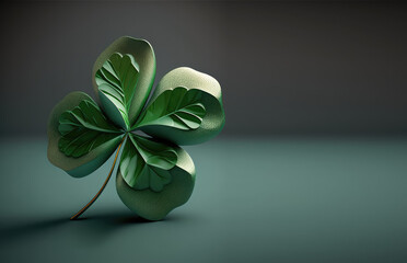 Four-leaf creative green clover, symbol of good luck, St. Patrick's Day idea, isolated on green background. Creative symbol of lucky day. 3d render illustration. Generative AI art.