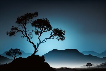 Tree silhouettes against a nighttime sky and distant mountains. Generative AI