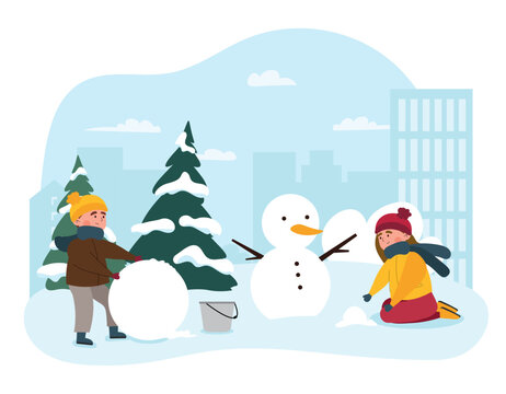 Children make snowman. Symbol of winter season and cold weather. Schoolchildren rest on vacation. Daily activities, city park time. Wintertime games and leisure. Cartoon flat vector illustration