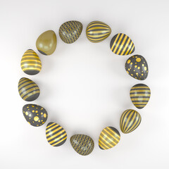 3d render of 13 black and gold easter eggs on white background. - Vacation background