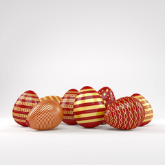 3d render of 8 red and gold easter eggs on white background. - Vacation background - 575349741