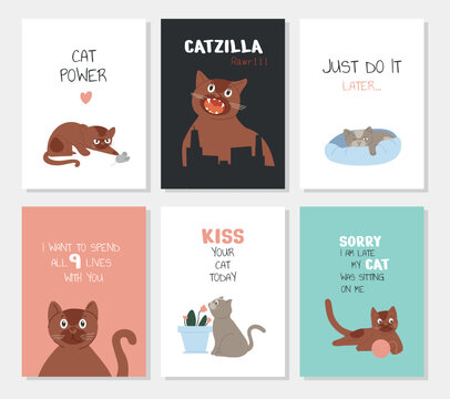 Cat growth banner set. Collection of graphic elements for website. Charming playful pets, mammal and kittens. Greeting postcards. Cartoon flat vector illustrations isolated on white background