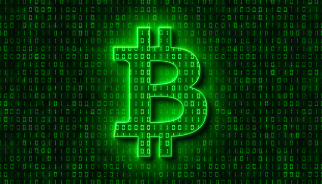 Illustation of bitcoin sign in light green and in the background in dark green a coding of binary code. - abstract background