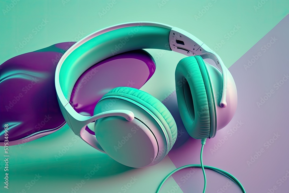 Sticker cool, contemporary, and trendy green cyan headphones isolated on a purple background. generative ai