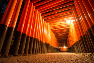 京都 夜の伏見稲荷大社を彩る千本鳥居のトンネル