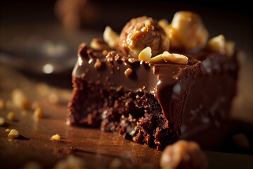 A stack of chocolate brownies on white background, homemade bakery, and dessert. Bakery, confectionery concept. Chocolate spongy brownie cakes with walnuts. Generative Ai. - obrazy, fototapety, plakaty