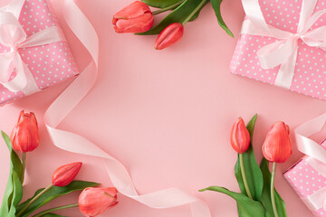 Woman day concept. Top view photo of present gift boxes with silk ribbon bows and tulips flowers on pastel pink background with empty space in the middle. Holiday card idea.