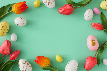 Easter concept. Top view photo of colorful easter eggs red tulips flowers on isolated teal background with empty space in the middle