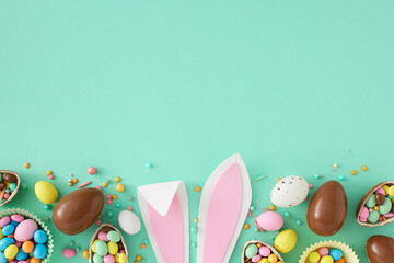 Easter sweets concept. Top view photo of easter bunny ears chocolate eggs with dragees and sprinkles on turquoise background with empty space - obrazy, fototapety, plakaty