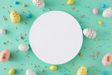 Easter decor concept. Flat lay photo of white circle yellow pink white easter eggs and sprinkles on turquoise background with blank space