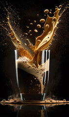Have a cup of coffee. Splashing coffee, dripping foam on the black table with soft lights against a dark background. AI generative illustration.