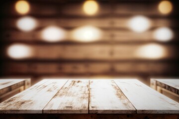 Background of abstract, hazy restaurant lights with a wooden table in the front. Generative AI