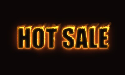 English illustration letters "HOT SALE" black letters with yellow flame flame color yellow orange, orange, orange red and black background,  neon sign