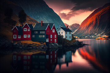 Picturesque colored houses on the shore of the fjord. AI generated - obrazy, fototapety, plakaty