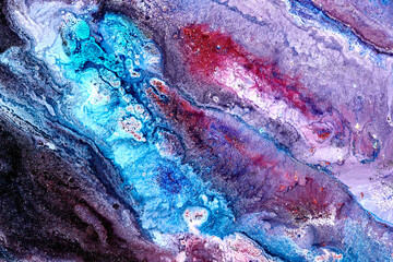 Luxury abstract background, liquid art. Blue red mix alcohol ink with golden paint blots, Earth water surface, marble texture