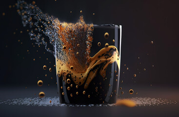 Have a cup of coffee. Splashing coffee, dripping foam on the black table with soft lights against a dark background. AI generative illustration.