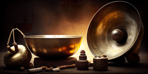 Tibetan singing bowl for music and sound healing and meditation. generative ai