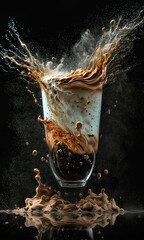 Have a cup of coffee. Splashing coffee, dripping foam on the black table with soft lights against a dark background. AI generative illustration.