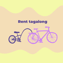 Rent a bicycle and a tag along for your child. Family cycling flat vector illustration. Rent bike equipment for your family. Flat vector illustration