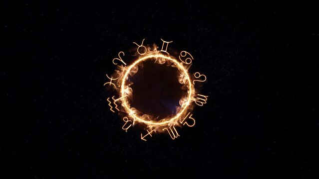 Mystical zodiac signs from the fire. Energy geometric circle on a dark background. Mockup for your logo and text. Round mystical portal.