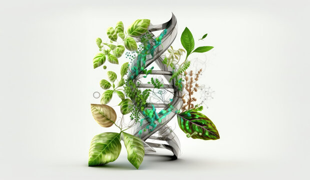 Dna chain surrounded by green leaves isolated on light background. Creative concept of biology and microbiology, the study of nature and environmental problems. 3d render illustration. Generative AI
