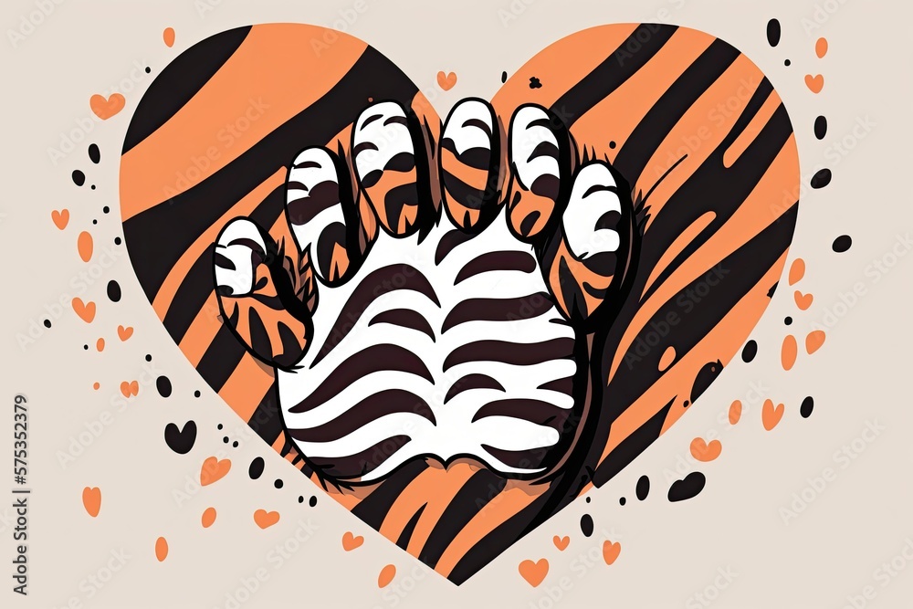 Wall mural cartoon tiger paws with little hearts drawn in format. the striped paws of the tiger form a heart in