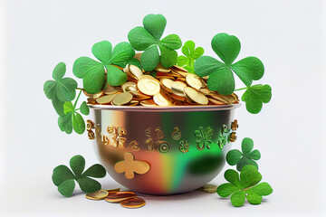 Pot full of gold coins and clover leaves isolated on white background. Generative ai