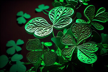 St. Patrick Day abstract green background with clover leaves. Generative ai