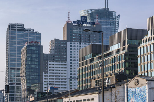 Warsaw, Poland - November 28, 2021: Modern office and residential buildings in Warsaw