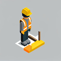 Isometric image of a construction worker with a yellow hard hat and orange vest. Generative AI. 