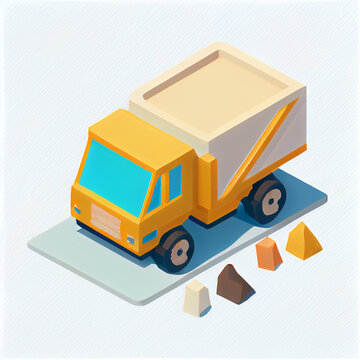 Isometric image of a yellow and white dump truck with a full load. Generative AI. 