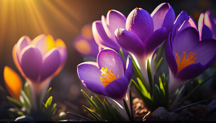 spring crocus flowers in spring beautiful Sun, ai generated, Generative AI