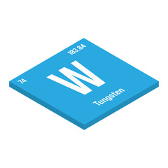 Tungsten, W, periodic table element with name, symbol, atomic number and weight. Transition metal with various industrial uses, such as in certain types of lighting, electrical contacts, and as a