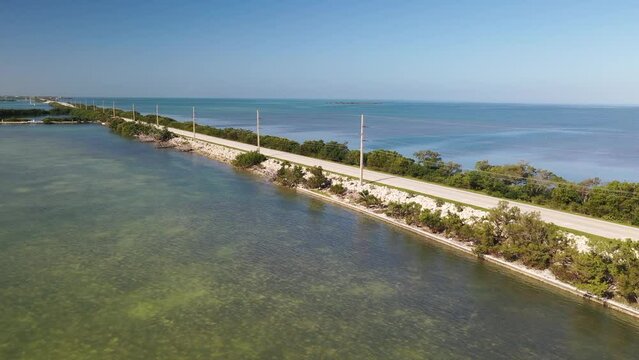 Car traveling along Florida Keys US1 road with ocean on both sides and power lines.