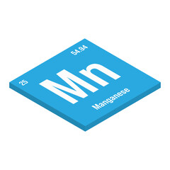 Manganese, Mn, periodic table element with name, symbol, atomic number and weight. Transition metal with various industrial uses, such as in steel production, batteries, and as a catalyst in certain