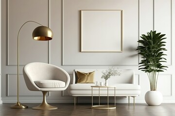 Warm beige tones fill this minimalist modern living room mockup, which also features a white, circular armchair and a brass floor lamp placed against a white wall. Generative AI