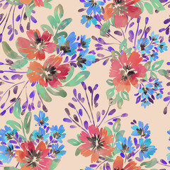 Fototapeta na wymiar Watercolor drawing. Seamless floral pattern with bright colorful flowers and leaves. Elegant template for fashion prints. Modern floral background. Fashionable folk style. Ethnic style. Neon