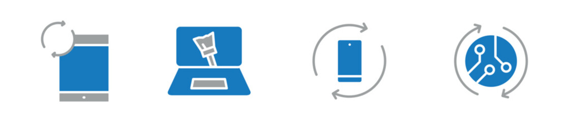 Second-hand device store logo design set, electronics repair service modern logotype symbol, phone cleaning business emblem concept, reusable devices illustration, used laptop branding, brand identity