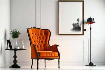 Image depicting an old residence furnished with an antique armchair. A classic orange chair, a white floor lamp, and a cushioned breakfast tray are seen in this vertical composition against a white wa