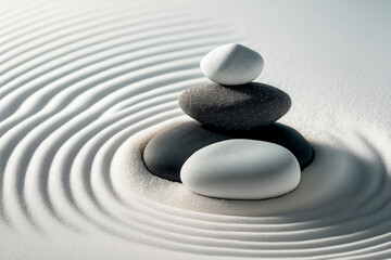 Fototapeta na wymiar Balanced tall stack of stones in white sand with ripples. Zen garden circles meditation nature beach background. Generative AI 