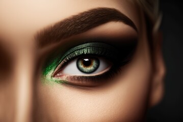 Close up of beautiful woman with green eyeshadow. Ai generative.