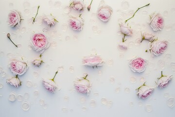 Fototapeta na wymiar Copy space, top view of pink roses floating in water, summer or springtime. Nature in the backdrop, but not too much. The organic makeup of a flowering. Generative AI